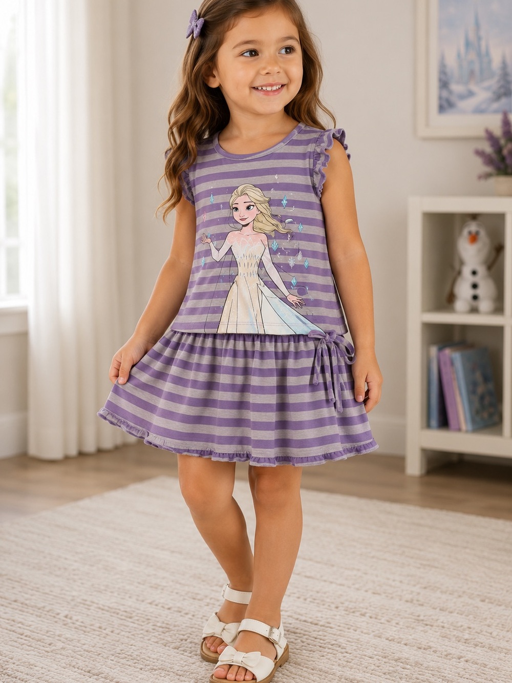 Disney Frozen II Purple and Gray Striped Elsa Top